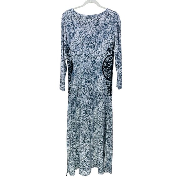 Soft Surroundings Maxi Dress SMALL Jersey Paisley Stretch Long Sleeve‎ Gray Boho - Picture 2 of 7